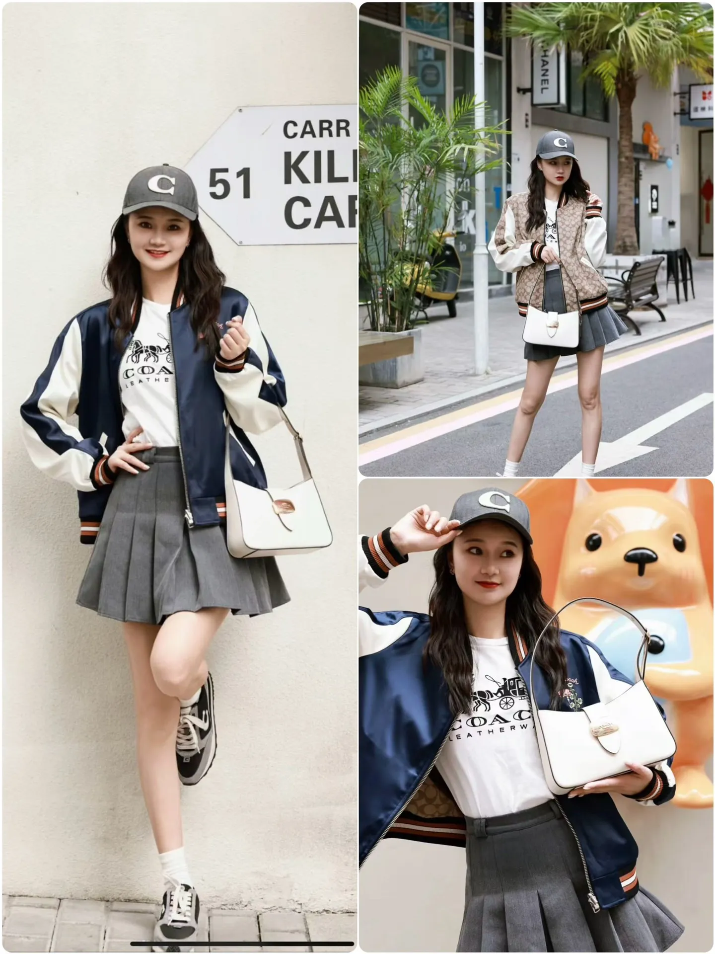 Model pictures for two wears in one! COACH New Arrival women's jacket is here. Kou's New Arrival embroidered reversible baseball jacket for women. Super beautiful reversible baseball jersey. Produced by a major trading factory. Excellent quality. The quantity is not large, only about 500 pieces. But it's also very fragrant. One side is made of high-weight Navy Blue satin fabric. This fabric is absolutely amazing. Ordinary satin fabrics on the market are either soft and shapeless. Or the texture is rough and not delicate enough. The more delicate the fabric, the higher the fabric requirements. The fabric woven with forty-eight double yarns and three yarns is not only as delicate as Dove chocolate. And just hanging it flat there is very classy. I have tried it countless times and there is absolutely no snagging. The grass embroidery on the front chest can be said to be very three-dimensional. Perfectly complementing each other. Wearing it on the reverse side is a combination of color-blocked C all-over print and satin fabric. Classic is revealed in a low profile. All sizes available in complete packaging. Size: S-L (reversible) Color: Navy Blue (presbyopia reversed) (Material: polyester fiber) S size: length 59CM, bust 120CM, shoulder raglan (raglan) 72CM, reference weight 90-105 catties M size: length 61CM, bust 124CM, shoulder raglan (raglan) 74CM, reference weight 105-115 catties L size: length 63CM Bust 128CM, shoulder sleeves (raglan) 76CM, reference weight 115-130 catties